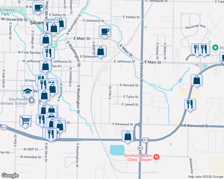 map of restaurants, bars, coffee shops, grocery stores, and more near 1014 East Harvard Street in Siloam Springs