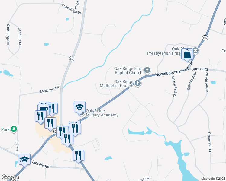 map of restaurants, bars, coffee shops, grocery stores, and more near 2407 Oak Ridge Road in Oak Ridge