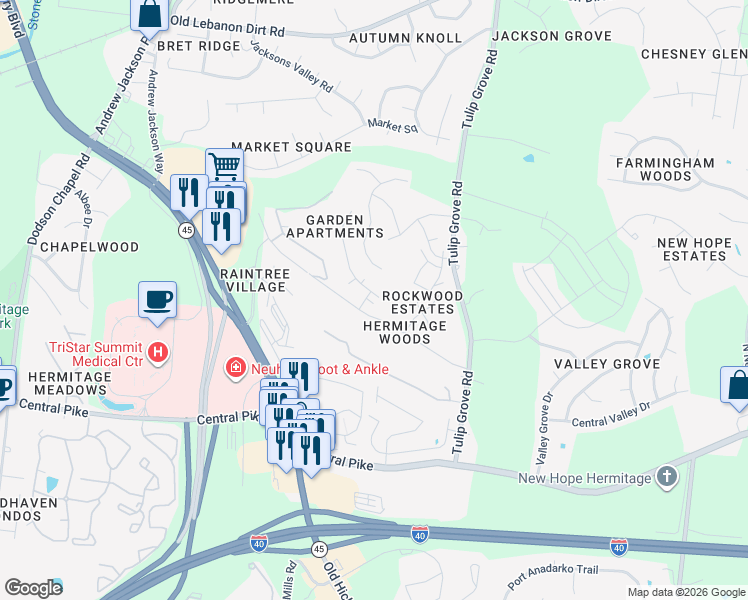 map of restaurants, bars, coffee shops, grocery stores, and more near 571 Margaret Robertson Drive in Nashville