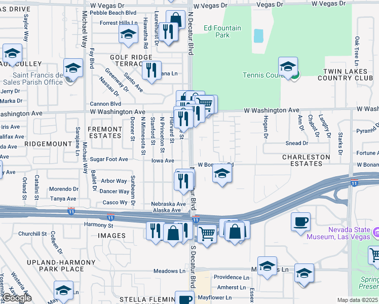 map of restaurants, bars, coffee shops, grocery stores, and more near 505 North Decatur Boulevard in Las Vegas