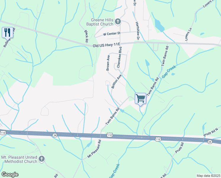 map of restaurants, bars, coffee shops, grocery stores, and more near 48 Indian Hills Circle in Greeneville