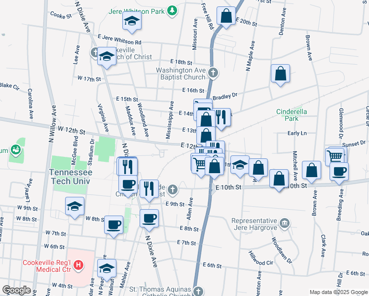 map of restaurants, bars, coffee shops, grocery stores, and more near 368 East 12th Street in Cookeville
