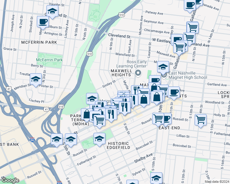 map of restaurants, bars, coffee shops, grocery stores, and more near 207C Neill Avenue in Nashville