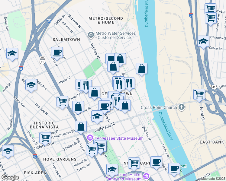 map of restaurants, bars, coffee shops, grocery stores, and more near in Nashville