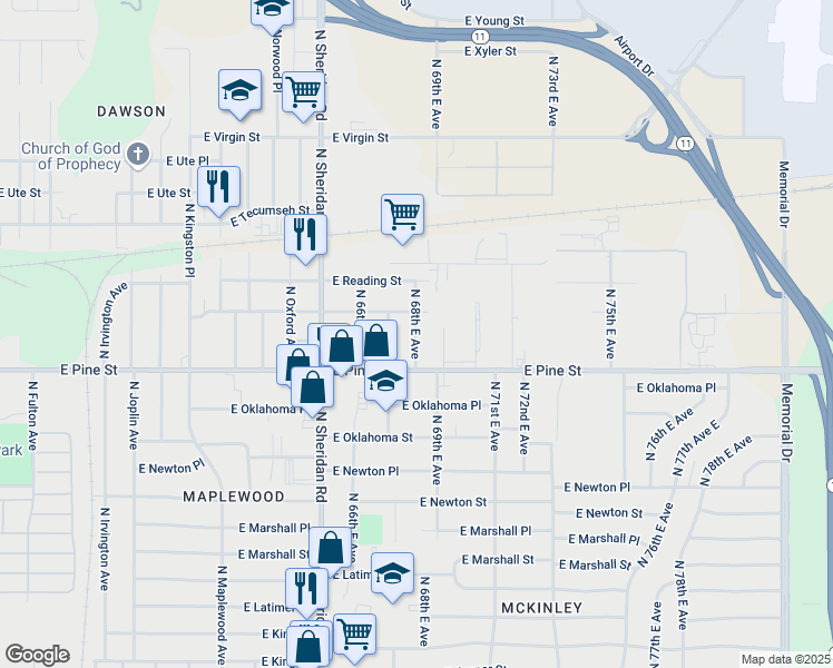 map of restaurants, bars, coffee shops, grocery stores, and more near 1536 North 68th East Avenue in Tulsa