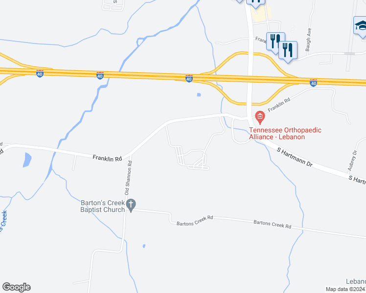 map of restaurants, bars, coffee shops, grocery stores, and more near 1717 Franklin Road in Lebanon