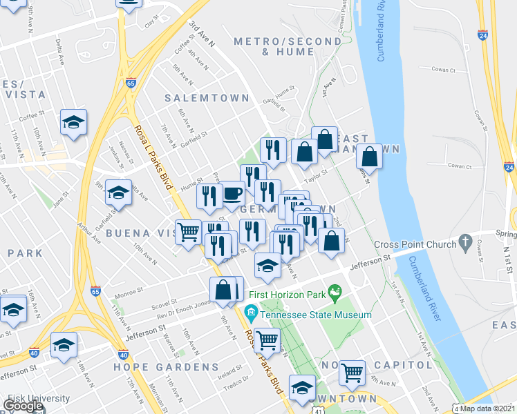 map of restaurants, bars, coffee shops, grocery stores, and more near 5th Avenue North & Taylor Street in Nashville