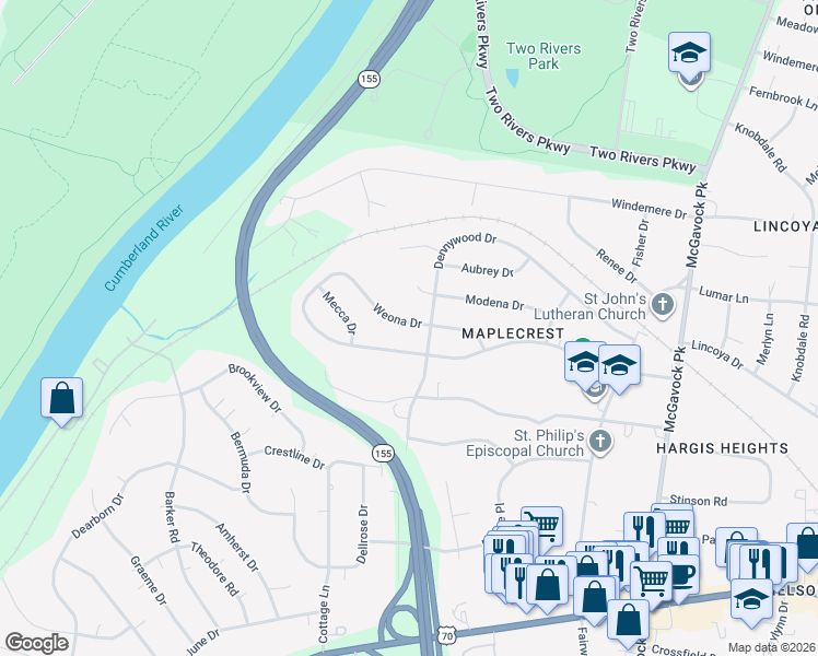 map of restaurants, bars, coffee shops, grocery stores, and more near 2234 Weona Drive in Nashville