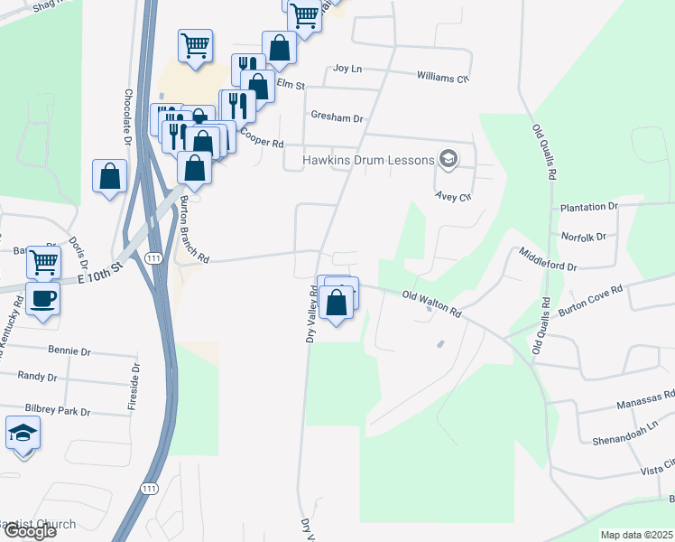 map of restaurants, bars, coffee shops, grocery stores, and more near 500 Dry Valley Road in Cookeville