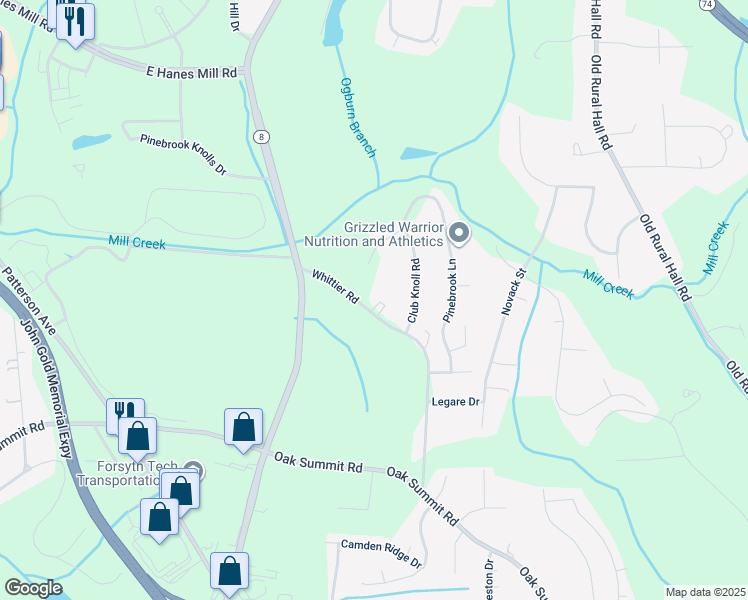 map of restaurants, bars, coffee shops, grocery stores, and more near 4535 Whittier Road in Winston-Salem