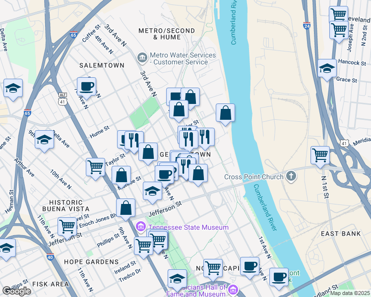 map of restaurants, bars, coffee shops, grocery stores, and more near in Nashville