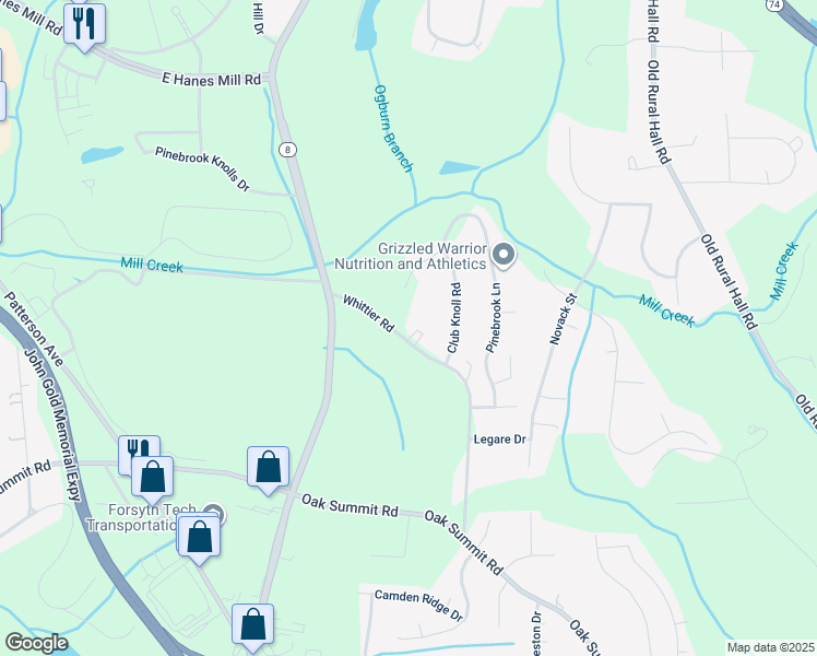map of restaurants, bars, coffee shops, grocery stores, and more near 4535 Whittier Road in Winston-Salem
