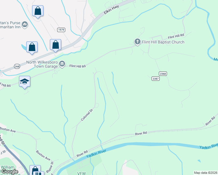 map of restaurants, bars, coffee shops, grocery stores, and more near 913 Colonial Heights Street in North Wilkesboro