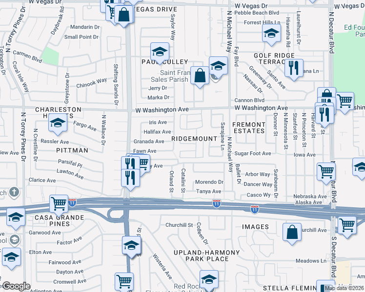 map of restaurants, bars, coffee shops, grocery stores, and more near 600 Saylor Way in Las Vegas