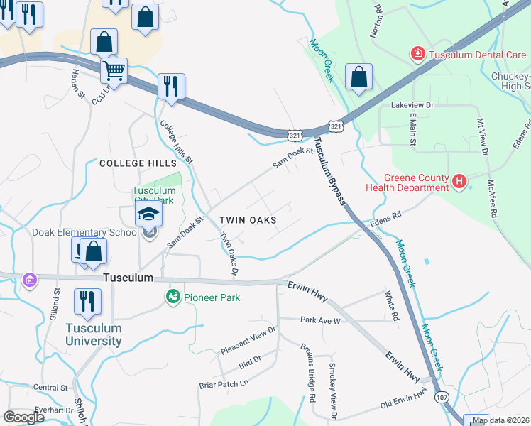 map of restaurants, bars, coffee shops, grocery stores, and more near 14 West Ridgefield Court in Greeneville