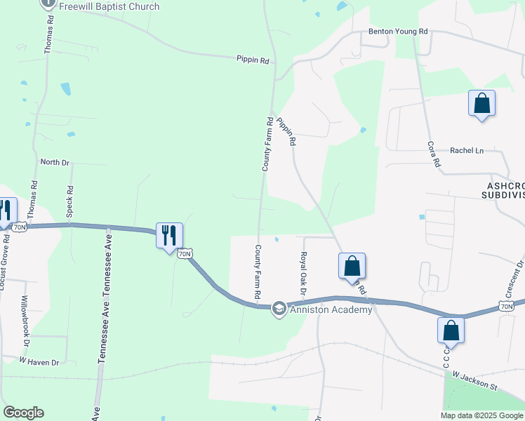 map of restaurants, bars, coffee shops, grocery stores, and more near 161 County Farm Road in Cookeville
