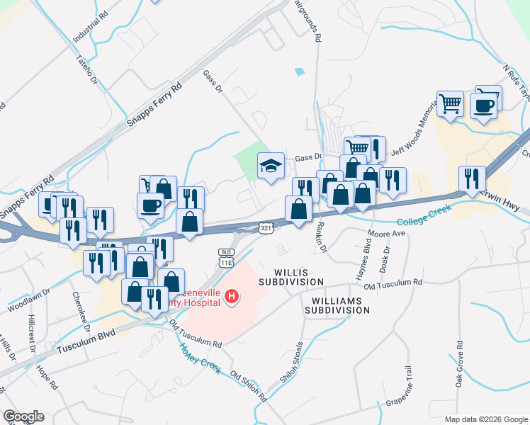 map of restaurants, bars, coffee shops, grocery stores, and more near 1724 Lafayette Street in Greeneville