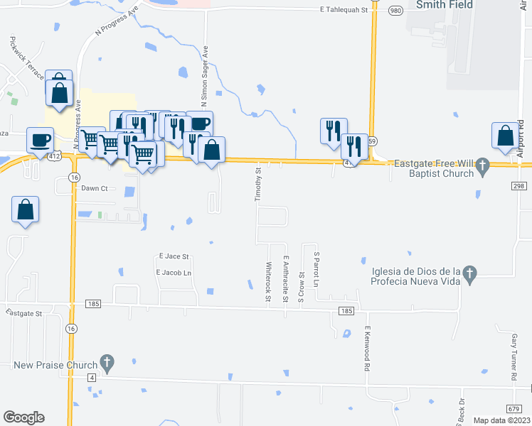 map of restaurants, bars, coffee shops, grocery stores, and more near 3894 Thomas Street in Siloam Springs