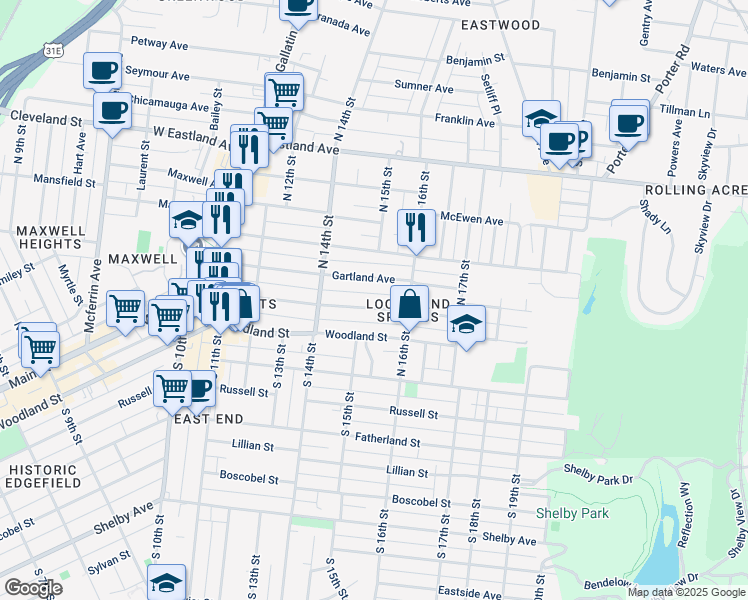 map of restaurants, bars, coffee shops, grocery stores, and more near 1503 Forrest Avenue in Nashville