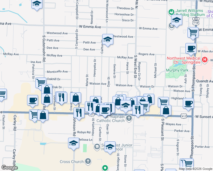 map of restaurants, bars, coffee shops, grocery stores, and more near 1901 Watson Avenue in Springdale