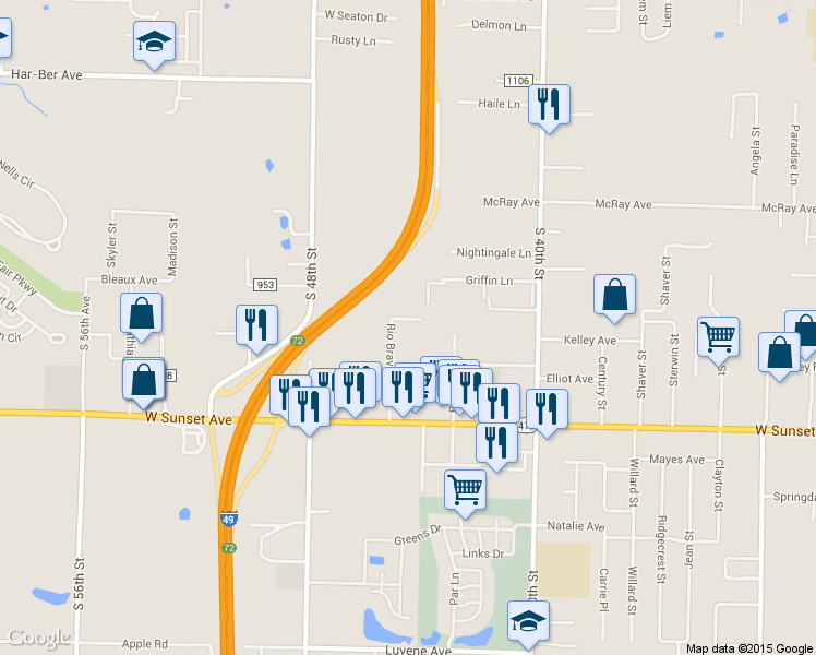 map of restaurants, bars, coffee shops, grocery stores, and more near 881 Rio Bravo Drive in Springdale