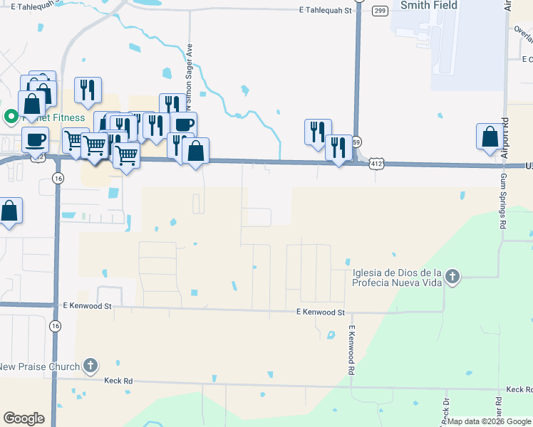 map of restaurants, bars, coffee shops, grocery stores, and more near 3909 Thomas Street in Siloam Springs