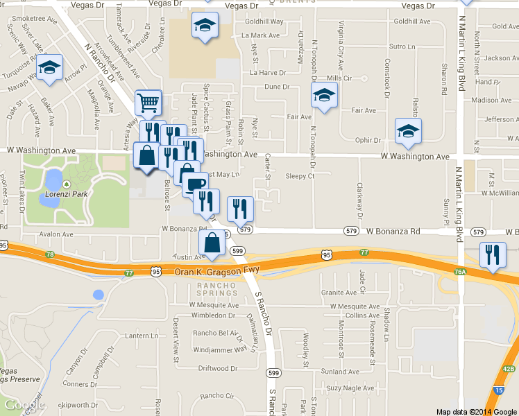 map of restaurants, bars, coffee shops, grocery stores, and more near 709 Von Busch Way in Las Vegas
