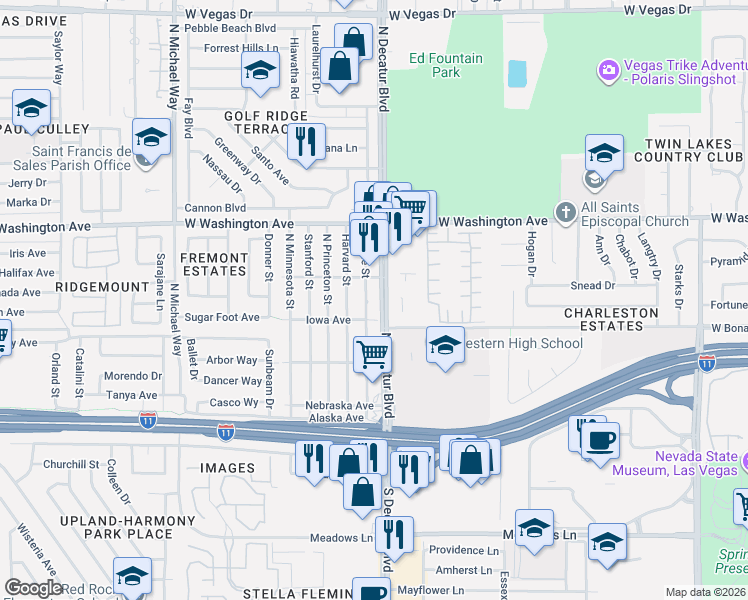 map of restaurants, bars, coffee shops, grocery stores, and more near 505 North Decatur Boulevard in Las Vegas