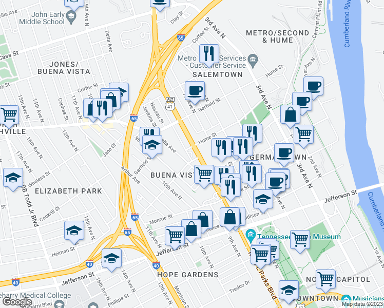 map of restaurants, bars, coffee shops, grocery stores, and more near 1534 Delta Avenue in Nashville