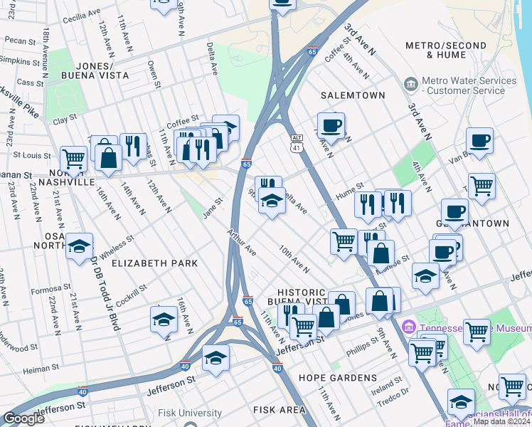 map of restaurants, bars, coffee shops, grocery stores, and more near 1605 9th Avenue North in Nashville