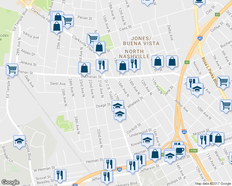 map of restaurants, bars, coffee shops, grocery stores, and more near 1724 17th Avenue North in Nashville
