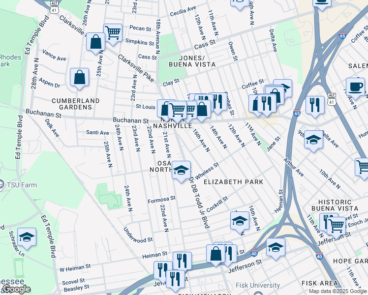 map of restaurants, bars, coffee shops, grocery stores, and more near 1724 17th Avenue North in Nashville