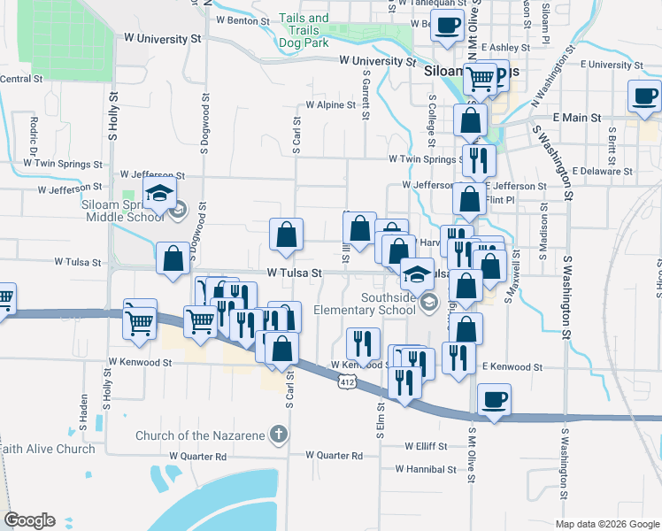 map of restaurants, bars, coffee shops, grocery stores, and more near 712 South Oak Hill Street in Siloam Springs