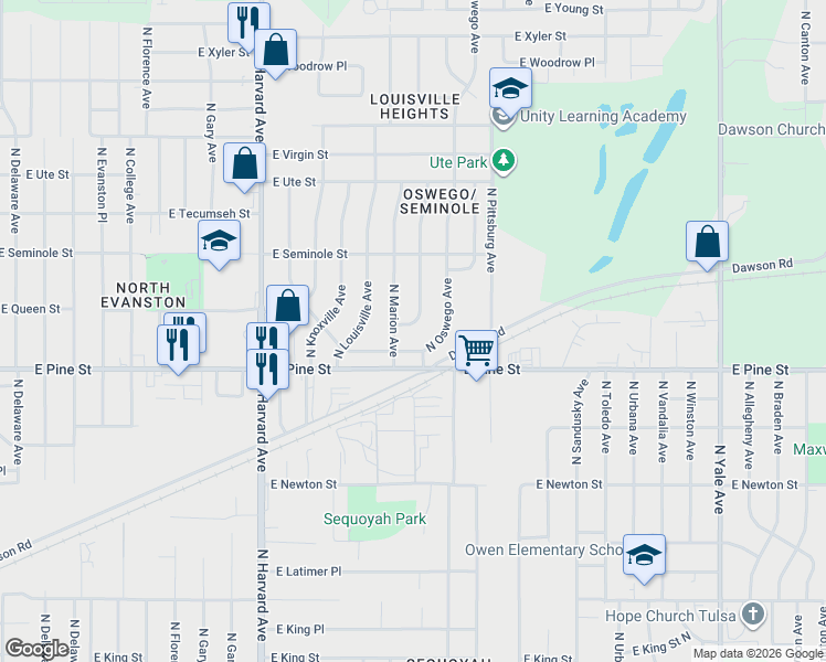 map of restaurants, bars, coffee shops, grocery stores, and more near 1539 North New Haven Avenue in Tulsa