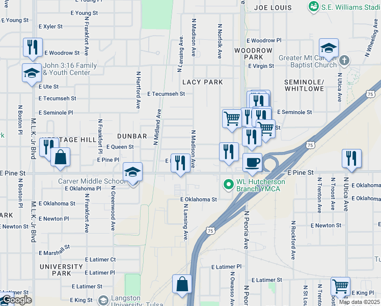 map of restaurants, bars, coffee shops, grocery stores, and more near 788 East Queen Street in Tulsa