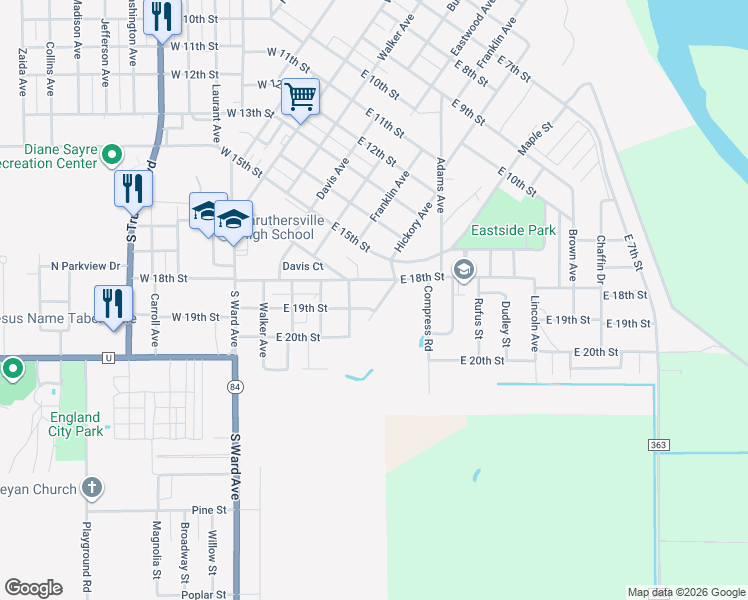 map of restaurants, bars, coffee shops, grocery stores, and more near 511 East 19th Street in Caruthersville