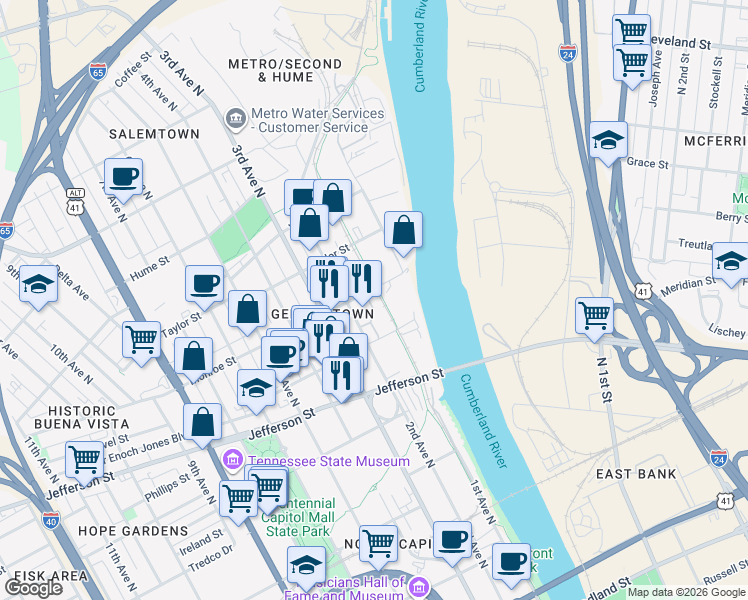map of restaurants, bars, coffee shops, grocery stores, and more near 101 Monroe Street in Nashville