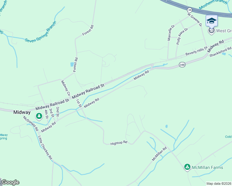 map of restaurants, bars, coffee shops, grocery stores, and more near 1395 Midway Road in Midway