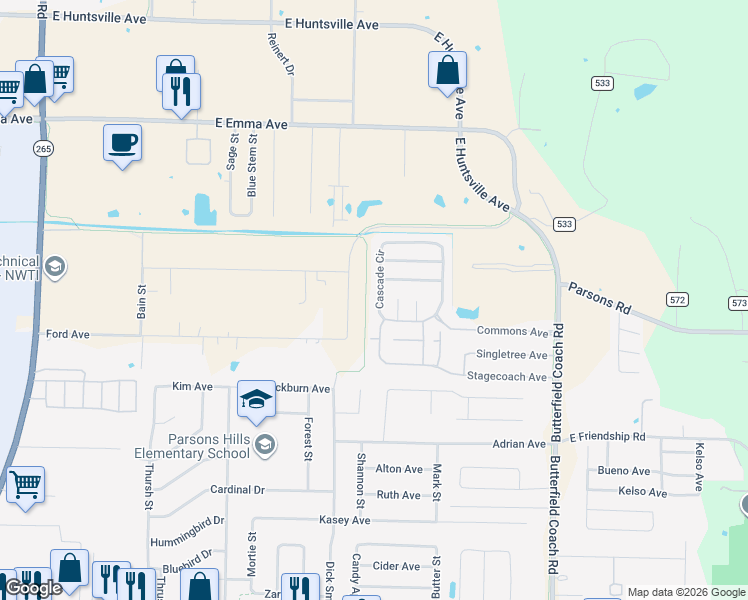 map of restaurants, bars, coffee shops, grocery stores, and more near 381 Cascade Circle in Springdale