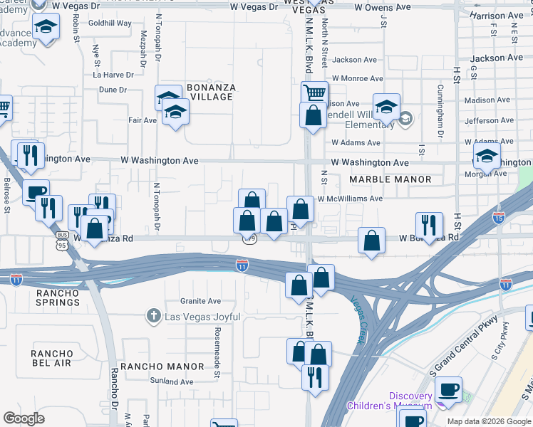 map of restaurants, bars, coffee shops, grocery stores, and more near 1720 West Bonanza Road in Las Vegas