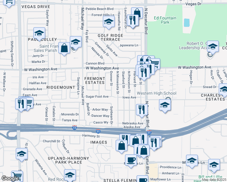 map of restaurants, bars, coffee shops, grocery stores, and more near 516 Donner Street in Las Vegas
