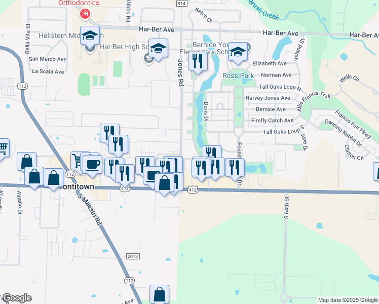 map of restaurants, bars, coffee shops, grocery stores, and more near 901 Jones Road in Springdale