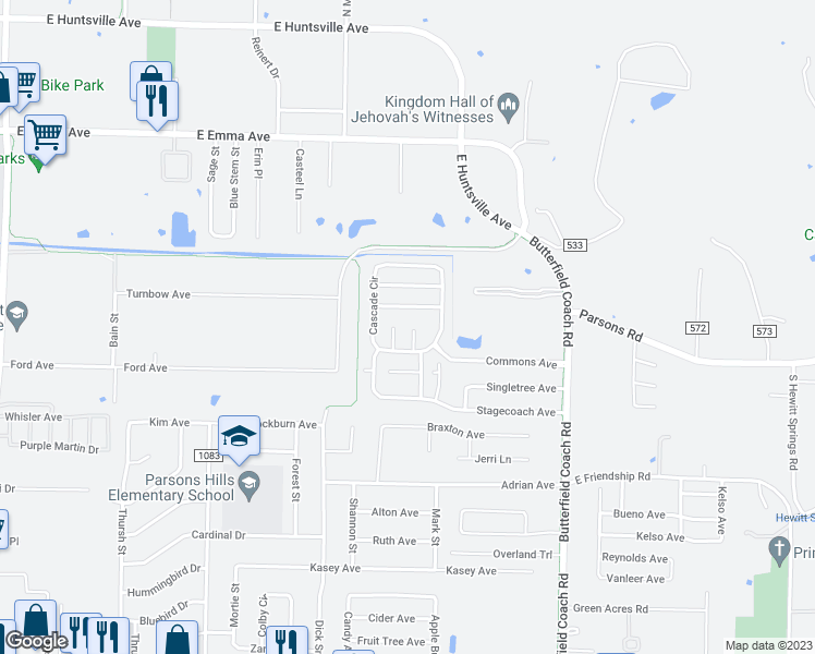map of restaurants, bars, coffee shops, grocery stores, and more near 712 Bristol Cove in Springdale