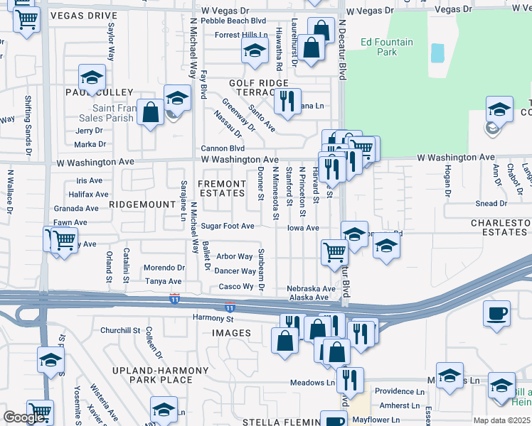 map of restaurants, bars, coffee shops, grocery stores, and more near 516 Donner Street in Las Vegas