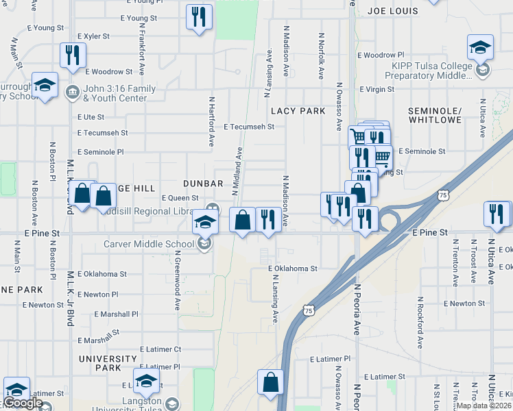 map of restaurants, bars, coffee shops, grocery stores, and more near 760 East Queen Street in Tulsa