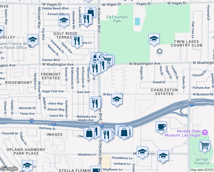 map of restaurants, bars, coffee shops, grocery stores, and more near 680 North Decatur Boulevard in Las Vegas