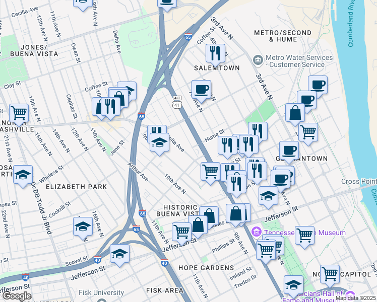 map of restaurants, bars, coffee shops, grocery stores, and more near 1534 Delta Avenue in Nashville