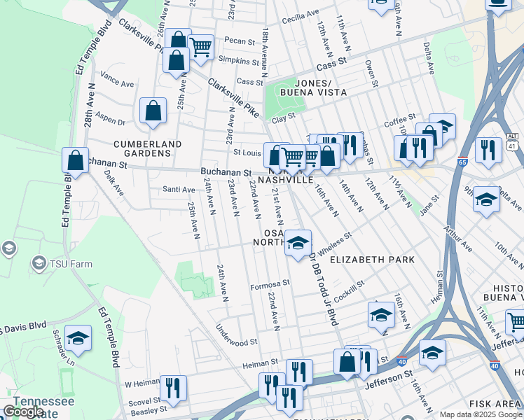 map of restaurants, bars, coffee shops, grocery stores, and more near 1734 22nd Avenue North in Nashville