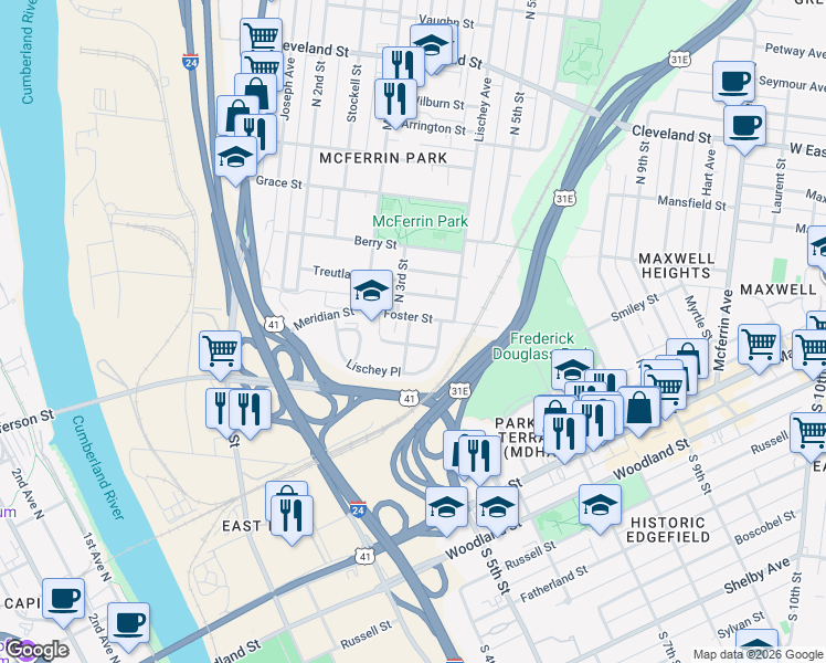 map of restaurants, bars, coffee shops, grocery stores, and more near 1205 Foster Place in Nashville