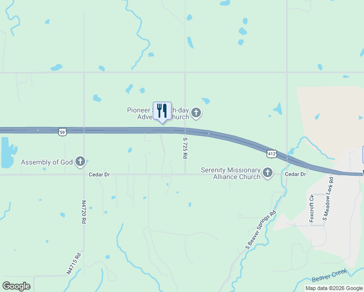 map of restaurants, bars, coffee shops, grocery stores, and more near 329 North Redbud Lane in Colcord